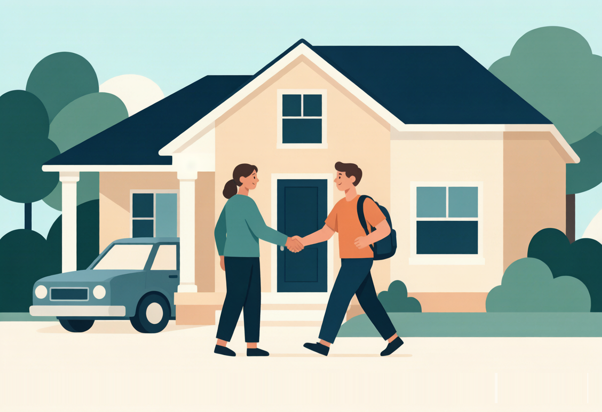 A college student leaves home for school while the family car stays in the driveway, illustrating the State Farm away-at-school discount concept.