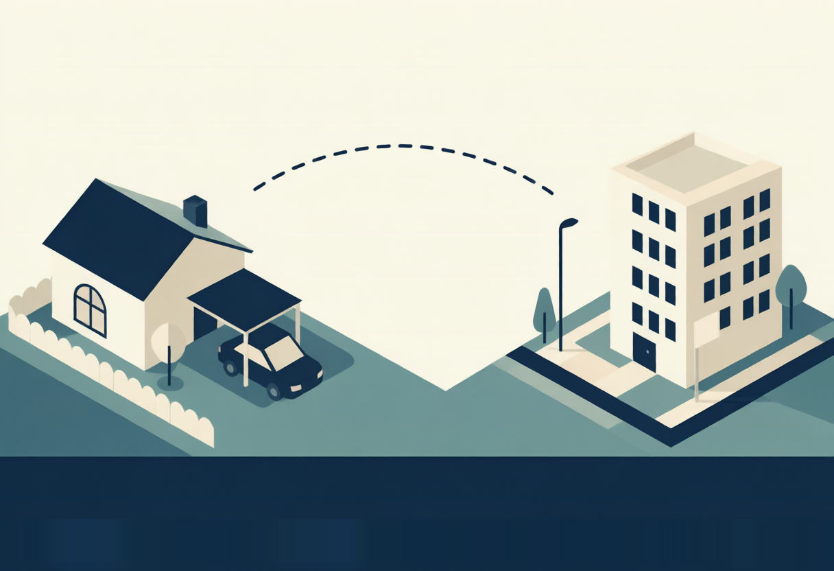 Illustration of a family home and a college campus connected by a distance line, showing the 100-plus-mile rule for the distant-student discount.