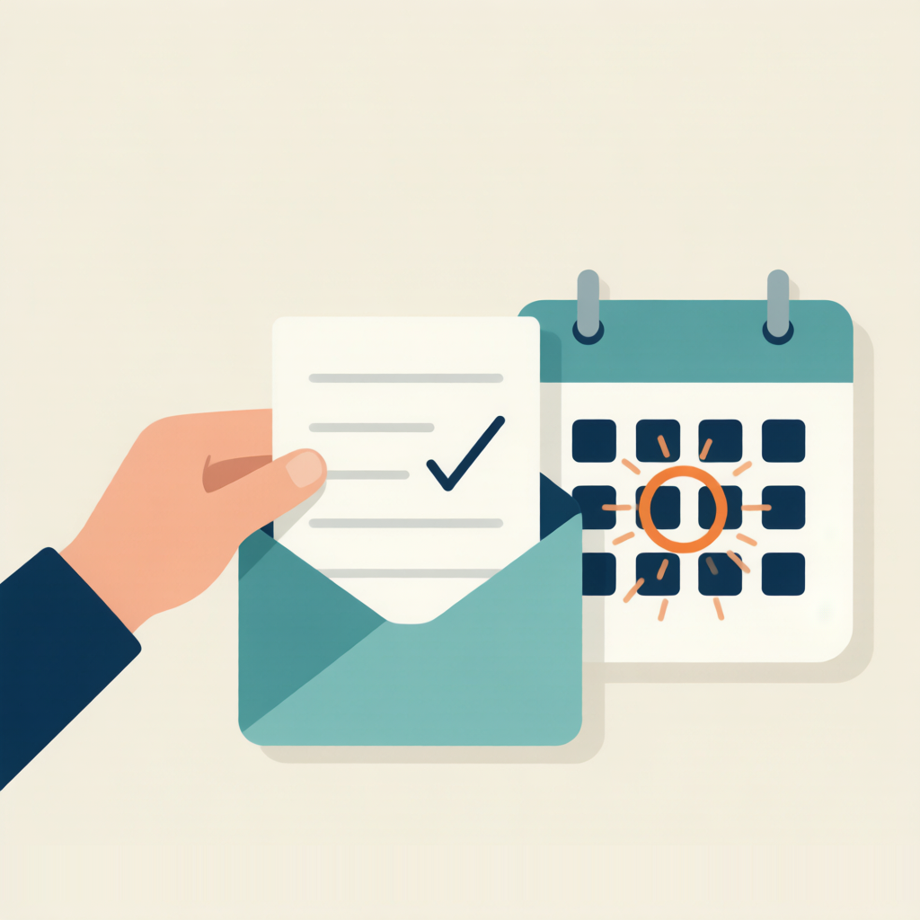 Hand holding an envelope with a checklist next to a calendar marked renewal date, reminding policyholders to resubmit proof of enrollment.