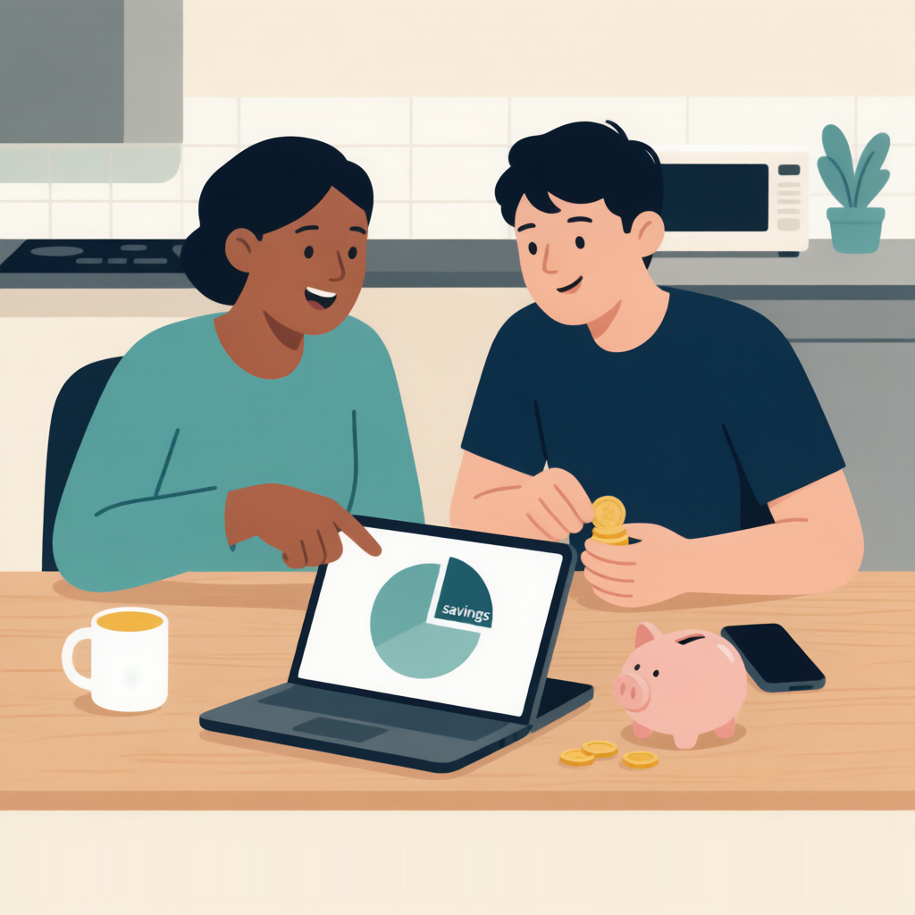Parent and teenage student reviewing car insurance savings together on a laptop at home.