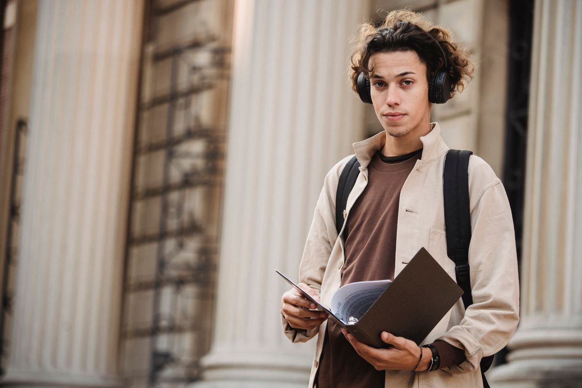 College student walking across campus